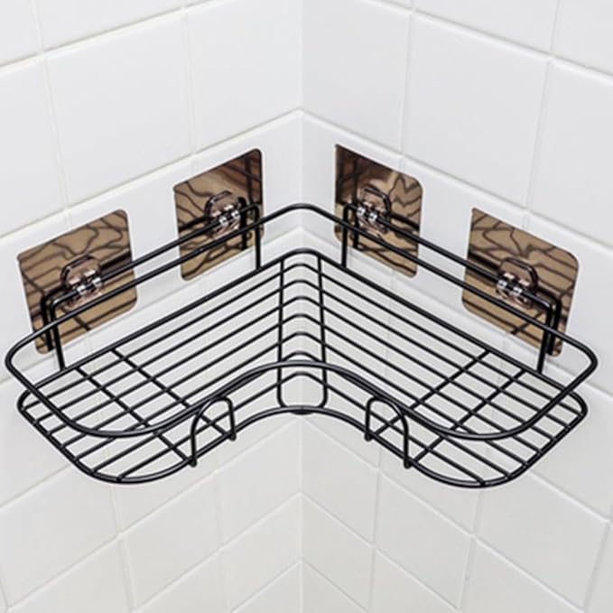 Pilarmuture 1-Shelf Modern Black Iron Corner Shower Caddy, Strong & Durable, No Drill Wall Mounted Shower Shelf for Bathroom, Kitchen, Bedroom, Office