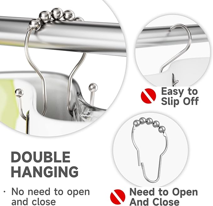 Shower Curtain Hooks Brushed Nickel Shower Curtain Rings Rust Proof, Bathway Balanced Smooth Glide Double Shower Curtain Hooks, Sturdy Shower Hooks for Shower Curtain 12 Pcs Shower Rod Hooks