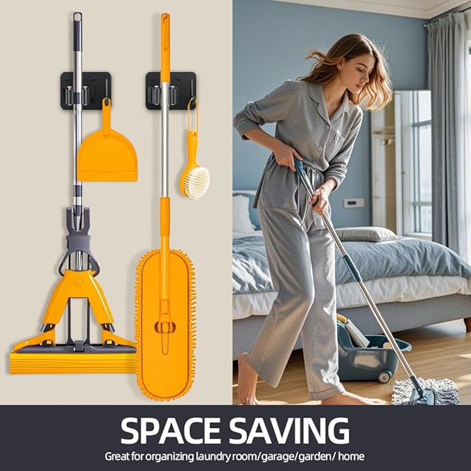 4-Pack Single Mop Holder with A Sturdy Hook. Non-Slip Broom Dustpan Rack, Wall Mount Stainless Steel Storage Hanger with Screws for Garage Bathroom Garden Kitchen, Matte Black.