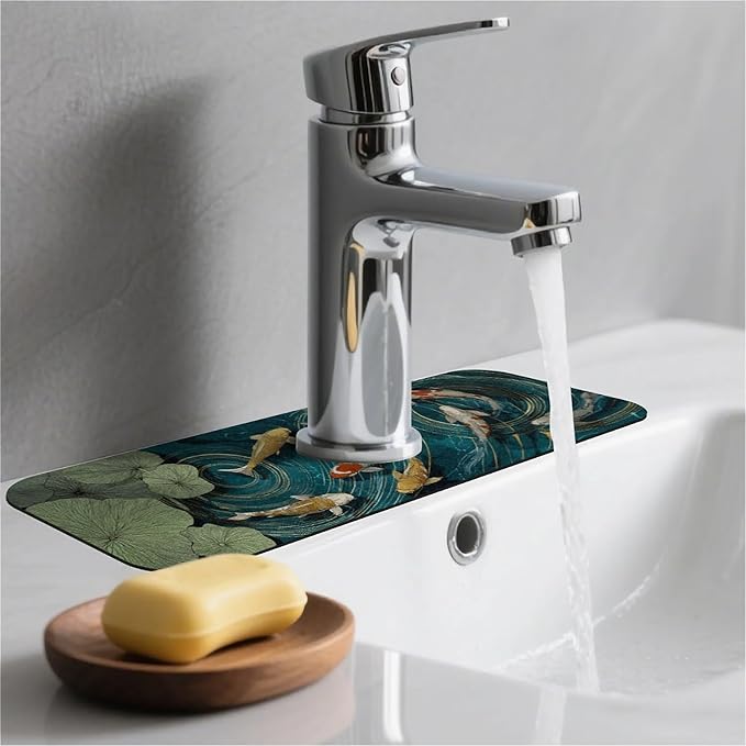 Kitchen Sink Splash Guard，koi fish swimming Faucet Mat Sink Gadgets-Super Absorbent Fast Drying Mat Drip Catcher for Kitchen, Bathroom,Sink Mat, Dish Drying Mat, Bathroom(15" X 5.5" )
