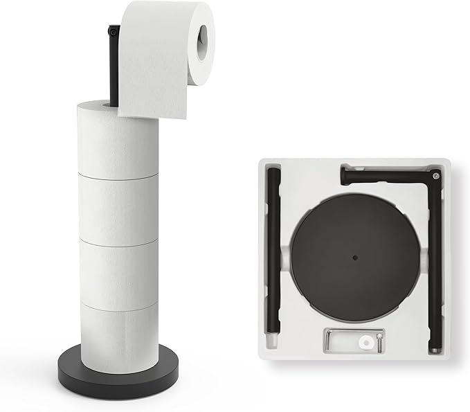 Free Standing Toilet Paper Holder Stand with Weighted Base, SUS304 180 Degree Rotatable Tissue Holder with Shelf, Can Extra Storage 4 Rolls, Black Bathroom Toilet Roll Holder