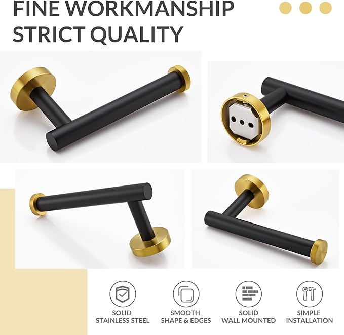 Toilet Paper Holder, APLusee Stainless Steel Half Open Round Tissue Roll Hanger, Bathroom Kitchen Wall Storage (Black & Gold)