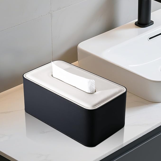 KINGFOM Tissue Box Cover, PU Leather Tissue Box Holder Rectangular, Modern Facial Tissue Paper Napkin Dispenser for Bathroom, Home, Office, Car Automotive Decoration with Magnetic Lid Black