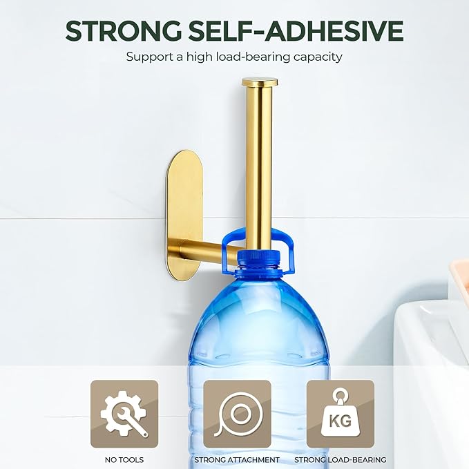 1 Pack Adhesive Toilet Roll Holder Stand - Gold SUS304 Stainless Steel, Rustproof Toilet Paper Holder No Drilling Tissue Holder for Kitchen Bathroom Wall Mount Bathroom Tissue Holder