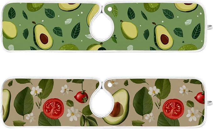2 PCS Kitchen Sink Splash Guard 23.6 Inch Faucet Mat for Kitchen Sink Bathroom Sink Faucet Absorbing Drip Drain Mat Pad Microfiber Soft Washable Green Avocado Tomato Leaves