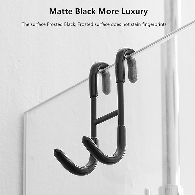 Shower Door Hooks (2-Pack), 304 Stainless Steel Towel Hooks,Over Door Hooks for Bathroom,Drilling-Free Hanger Matte Black Shower Hooks