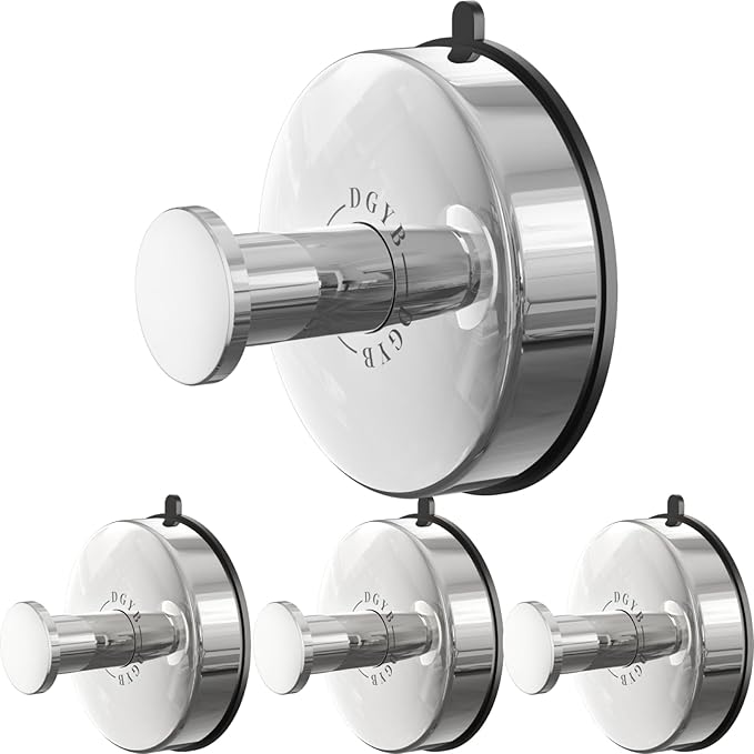 DGYB Suction Cup Hooks for Shower Set of 4 Removable Stainless Steel Towel Hook for Bathroom Glass Window Door Wall and Suction Wreath Hook for Hanging Robe, Loofah, Coat - Chrome