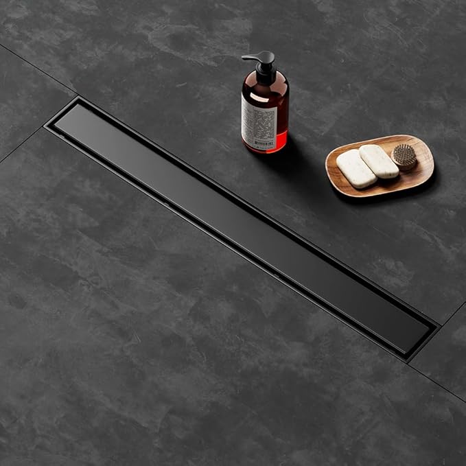 Linear Shower Drain 18 Inch Black, Shower Drain with 2-in-1 Tile Insert Panel, Brushed AISI 304 Stainless Steel Linear Drain for Fast Drainage, Floor Drain for Bathroom, Kitchen, Garage & More