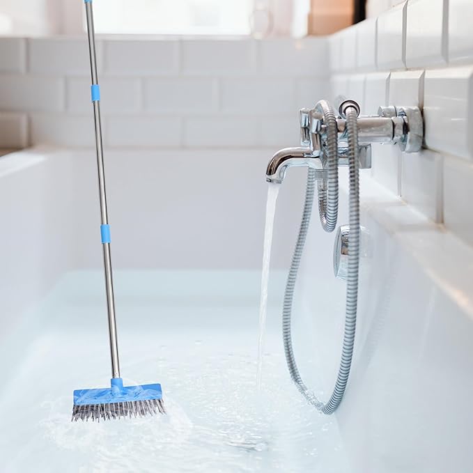 Wide Floor Cleaning Brush with Long Stainless Steel Handle Hard Plastic Bristles for Tile Bathroom Kitchen and Home Floors Ergonomic Design for Grout and Surface Scrubbing in Blue