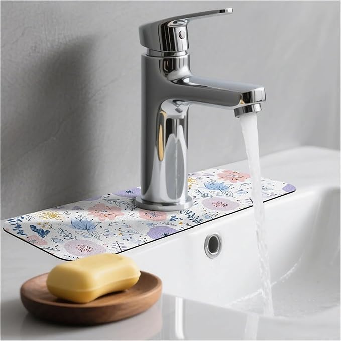 Kitchen Sink Splash Guard，Spring flowers Faucet Mat Sink Gadgets-Super Absorbent Fast Drying Mat Drip Catcher for Kitchen, Bathroom,Sink Mat, Dish Drying Mat, Bathroom(15" X 5.5" )