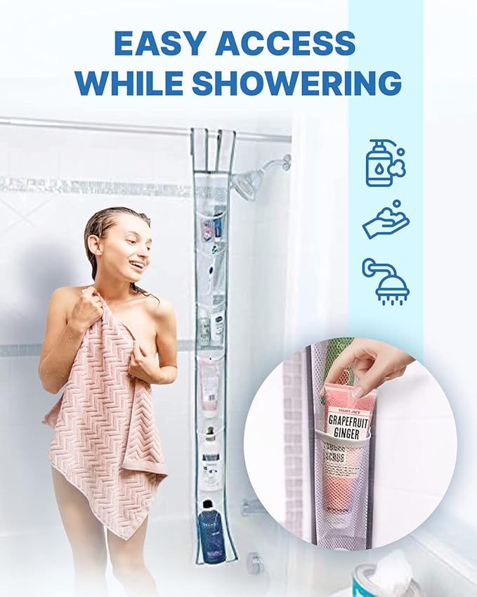 Skywin TidyFriend Mesh Shower Caddy Hanging 60 x 6 Inches, 2 Pack Mesh Hanging Organizer with 7 Pockets, 100% Polyester, Adjustable Velcro Strap or Hook