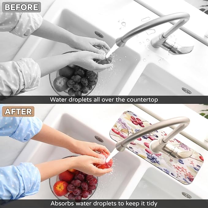 Watercolor Berry Cluster Kitchen Faucet Mat Splash Guard, 15.4”x5.7” Absorbent Quick Drying Sink Mat for Countertop Protection, Draining Mat Sink Protectors For Kitchen Bathroom, 2 Pack