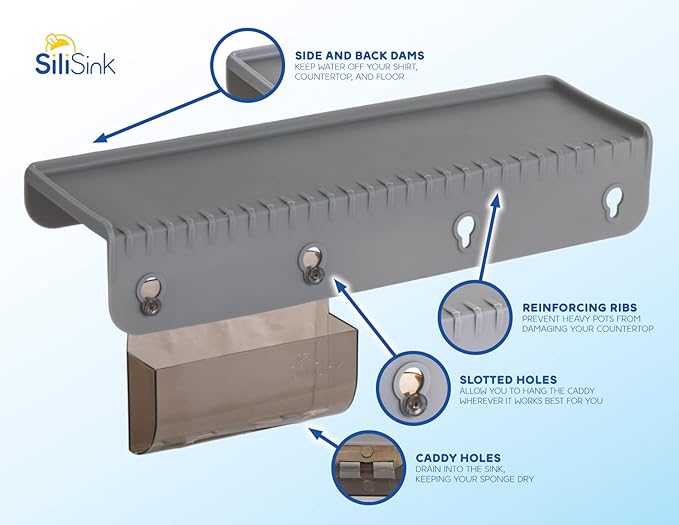 SiliSink Silicone Sink Edge Guard for Kitchen Sink - Fits 3.75” - 4” Wide - The Original Silicone Edge Protector with Sponge Caddy - Splash Guard, 14” Beige