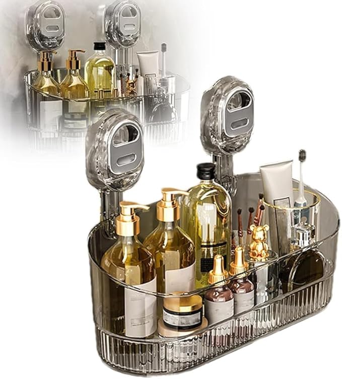 No-Drill Bathroom Suction Storage Box, Large Capacity & Strong Load-Bearing, Glacier Pattern Suction Cup Shower Caddy Hanging Shower Shelf Heavy Duty Shower Organizer (Gray)