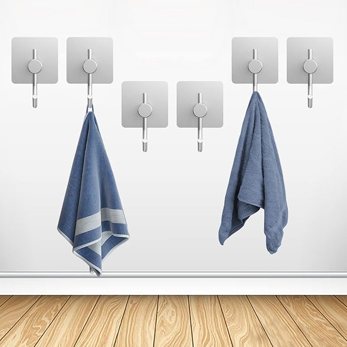 PMMASTO Aluminum Heavy Duty Wall Hooks - Coat, Towel, Robe Hanger - Shower, Bedroom, Bathroom, Kitchen - Silver (6 PC)