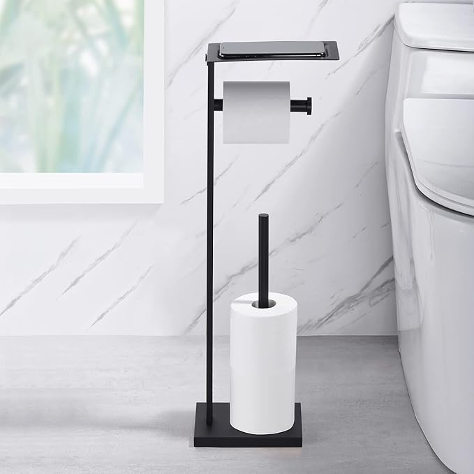 Miyili Matte Black Freestanding Toilet Paper Holder with Shelf, Paper Towel Dispenser Storage Organizer for Bathroom Square Style, F04B2
