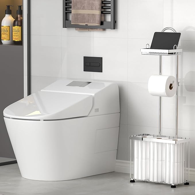Freestanding Toilet Paper Holder Toilet Tissue Rack Scroll Stand Roll Dispenser with Storage Shelf Reserve for Phone Tablet Magazine Bathroom Organizer Bath Tissue Organizer (Silver)