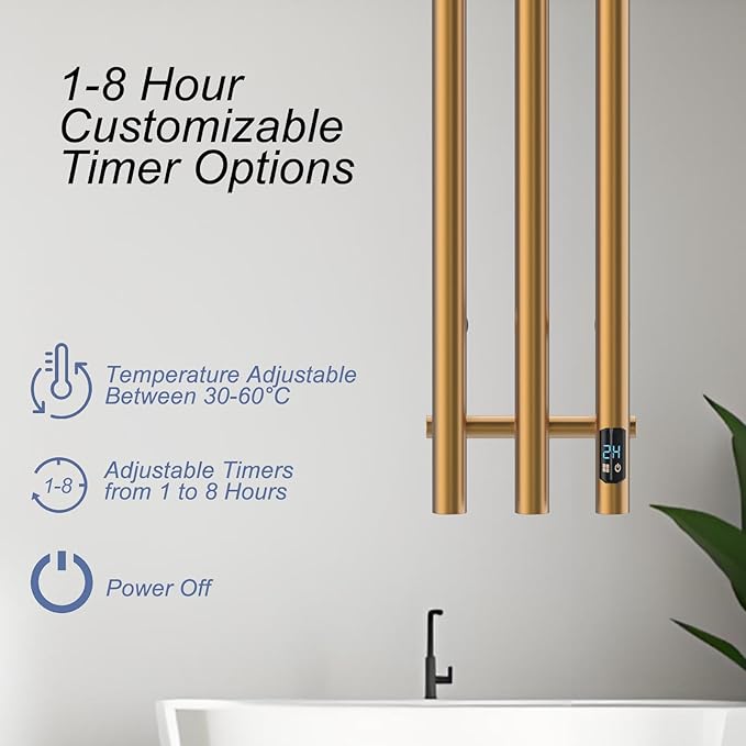 Electric Heated Towel Rack with Timer, Wall-Mounted Towel Warmer, 3 Vertical Bars, Silver, Plug-in or Hardwired, 37.4 Inch Height, Round Design (Gold)