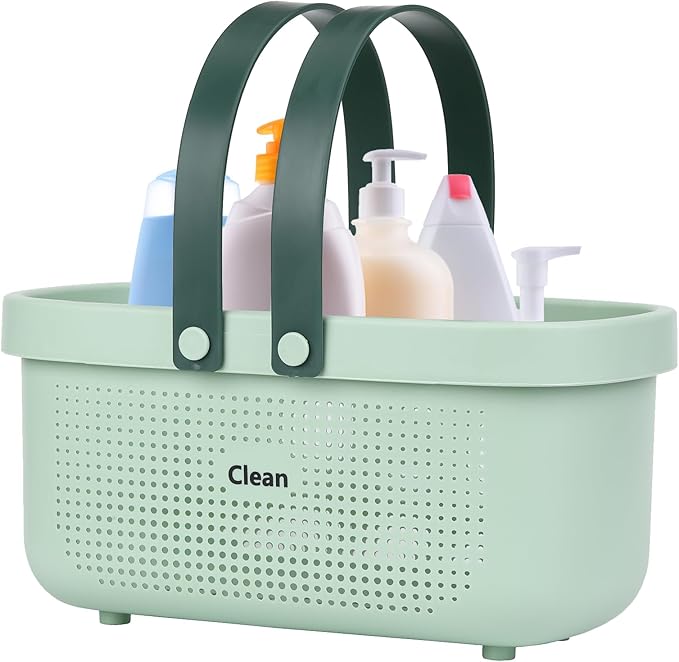 LAIGOO Green Shower Caddy Basket Plastic Storage Basket with Handles Storage Bins Shower Storage Organizer for Bathroom, College Dorm, Kitchen, Bedroom, Gym