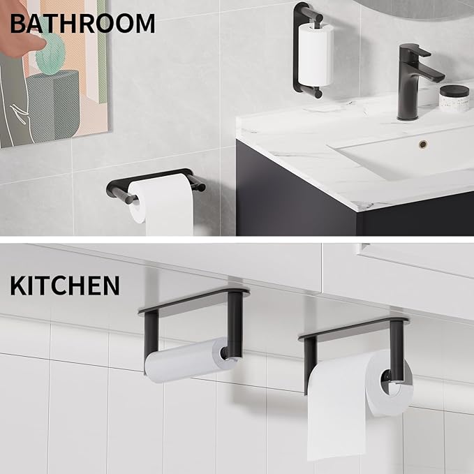 Adhesive Toilet Paper Holder, Self Adhesive Double Post Pivoting Toilet Tissue Holder, Stick on No Drilling Toilet Paper roll Holder for Bathroom, Stainless Steel and Zinc Alloy, Matte Black, 2Pack