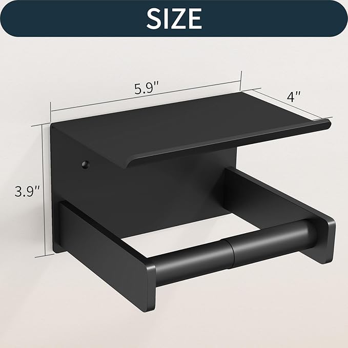 Toilet Paper Holder with Shelf Wall Mount, Self Adhesive or Screw in, Tissue Holder for Bathroom Washroom RV with Spring Rod, Matte Black