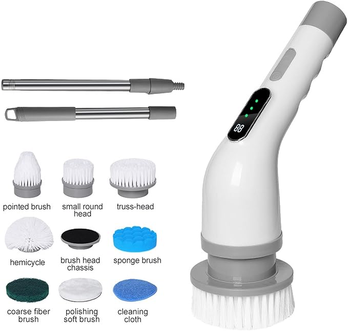 Electric Spin Scrubber for Cleaning Bathroom, Cordless Shower Scrubber Brush with Extendable Handle, Bathroom Accessories Scrub Brush for Tile Tub (White)