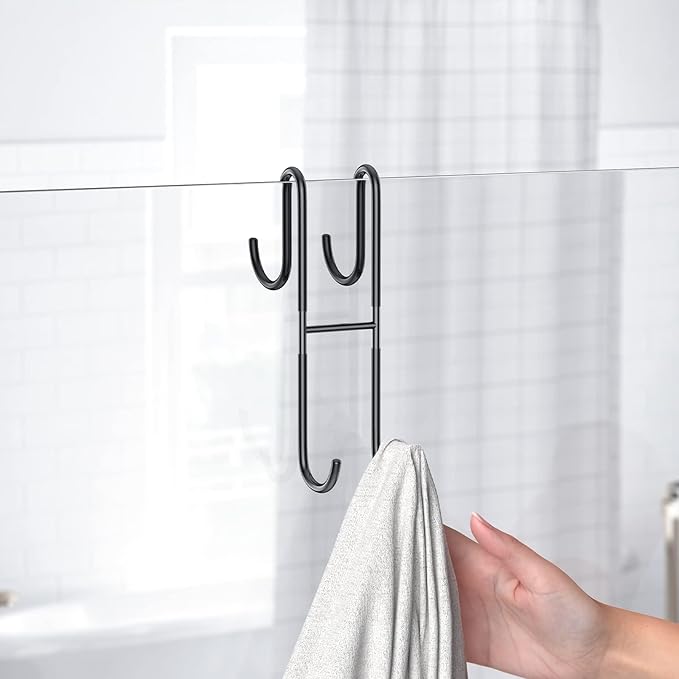 Over Shower Glass Door Hook, 2 Pack Black Stainless Steel Extended Shower Door Hooks, Bathroom Frameless Drilling-Free Hanger, Double Side Towel Hooks