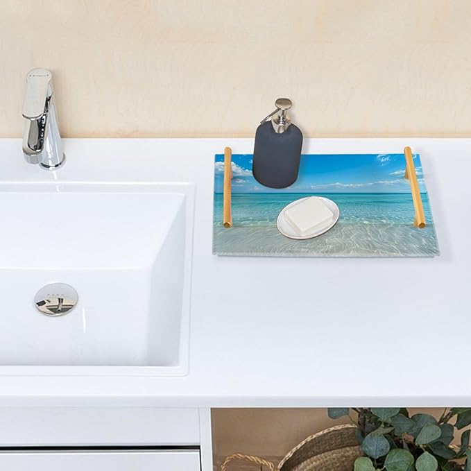 Blue Ocean Vanity Tray Acrylic Bathroom Countertop Tray Ocean Decorative for Kitchen Desk Organizer Makeup Storage Tray