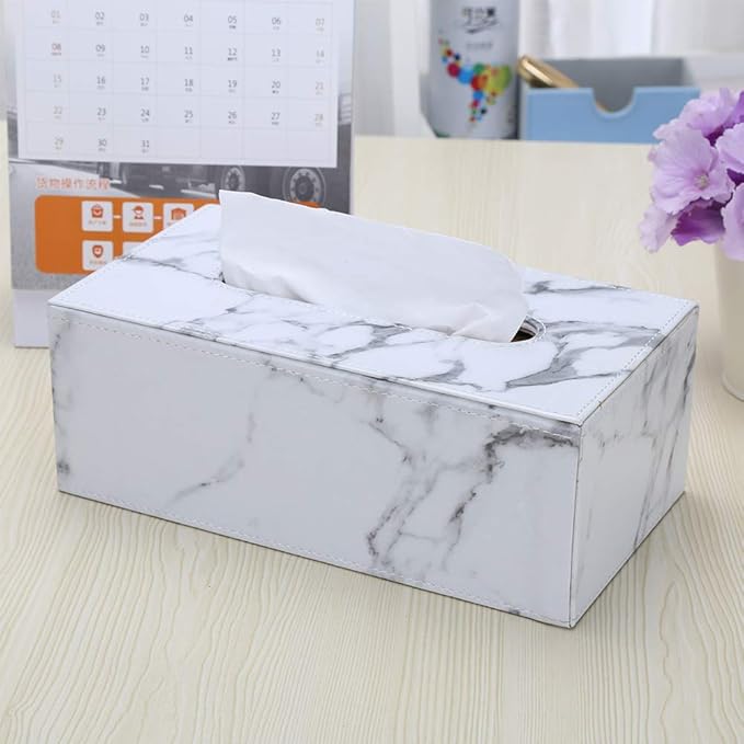 KINGFOM Rectangular PU Leather Tissue Box Cover - Facial Tissue Paper Napkin Holder for Bathroom, Home, Office, Car Automotive Decoration with Magnetic Bottom(Gray Marble)