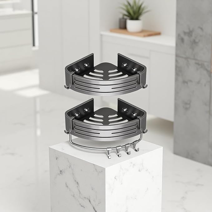 2-Tier Corner Shower Caddy, No Drilling Shower Organizer with Towel Bar and Hooks, 11.8x8.9x2.6 in Adhesive Shower Shelf, Rustproof Aluminum Bathroom Corner Storage