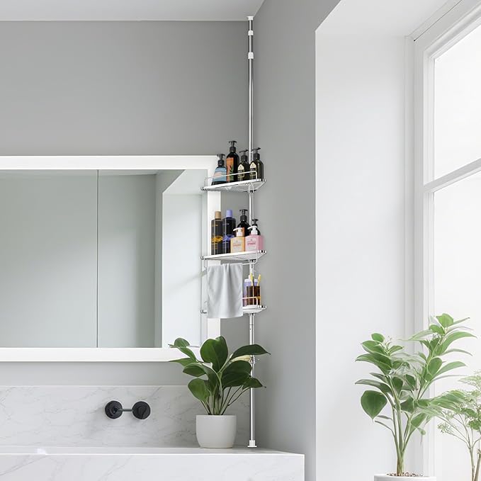 Corner Shower Caddy Tension Pole 59-110 in 4 Tier Rustproof Floor to Ceiling Shower Caddy - Stainless Steel Corner Caddy Shelf for Bathroom Bathtub, Shelves Tension Pole with 3 Towel Bars and 3 Hooks