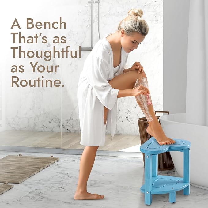 UHA Corner Shower Stool for Shaving Legs， HDPE Waterproof Bathroom Shower Bench, Poly Lumber Corner Seat with Storage Shelf, Adjustable Height Non-Slip Feet, No Maintenance(Pacific Blue)