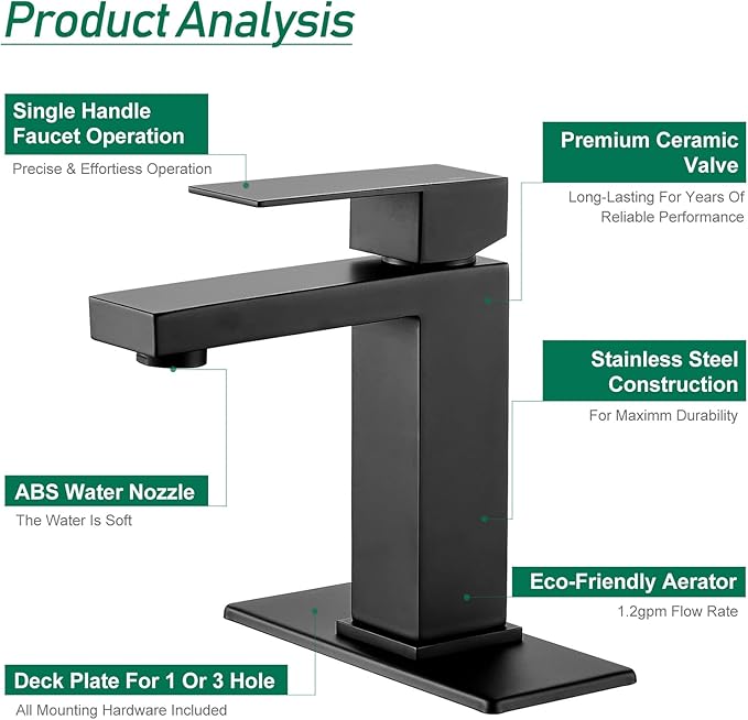 VOTON Bathroom Faucet Matte Black Bathroom Faucet 1 Hole, Stainless Steel Vanity Faucet for Bathroom Sink with Deck Plate Water Supply Hoses