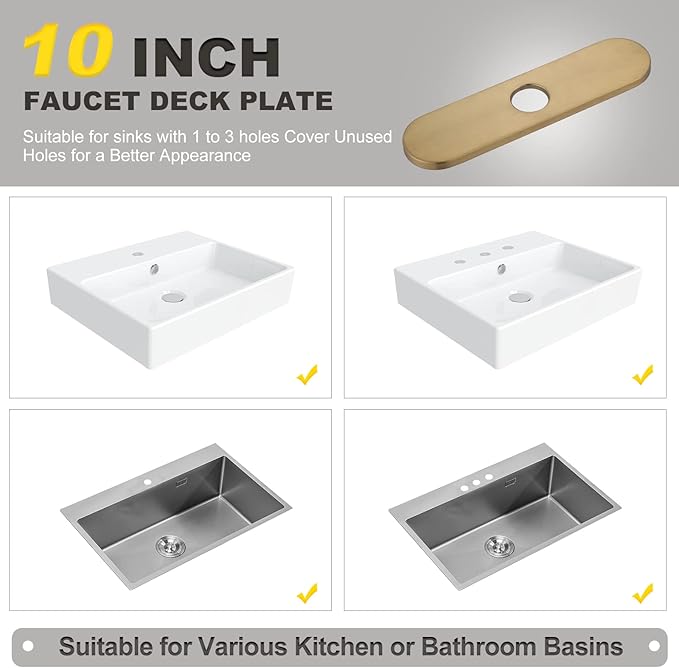10" Sink Faucet Hole Cover Deck Plate (Arc Edge) for Kitchen & Bathroom Vanity Sink, Faucet Gold Escutcheon Plate Stainless Steel Outside Faucet Cover Cap for 1 or 3 Hole Mixer Tap