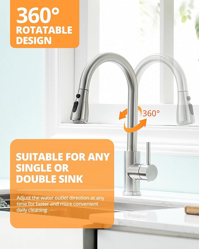 Kicimpro Kitchen Faucet with Pull Down Sprayer, Zero Leakage 3 Hole Brushed Nickel RV Kitchen Sink Faucet with Water Line, NSF Certified Lead-Free 304 Stainless Steel Pull Down Kitchen Faucet