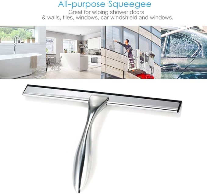 Shower Squeegees Stainless Steel Glass/Window/Mirror Squeegee Water Vapor Removal All-Purpose Squeegee with Suction Cup Hook Holder