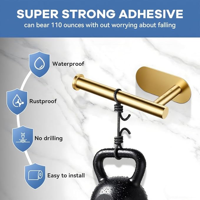 2 Packs Toilet Paper Holder No-Drill Self-Adhesive Towel Rack Stainless Steel Waterproof Rustproof Roll Paper Holder for Bathroom Washroom RVs (Gold)