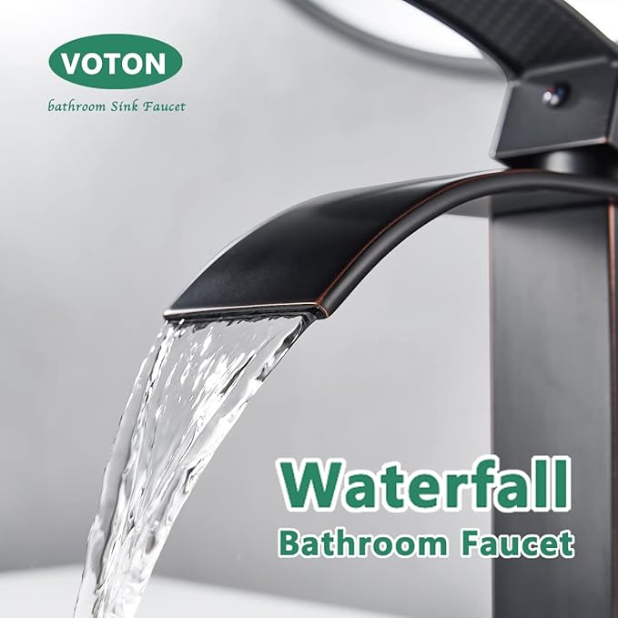 VOTON Bathroom Faucets Oil Rubbed Bronze Modern Waterfall Bathroom Sink Faucet Single Handle Bathroom Faucet for 1 or 3 Holes with Deck Plate and Pop-Up Drain, Rv Sink Camper Farmhouse Faucet