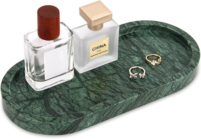 Oval Marble Bathroom Vanity Tray, Natural Luxury Marble Home Kitchen Bathroom Table Tray, Stone Decorative Countertop Serving Trays for Coffee Perfume Jewelry Makeup (Green, 10 * 5 * 0.6)
