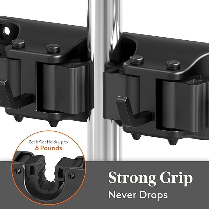 Lifewit Mop and Broom Holder Wall Mount, Anti-Slip Broom Hanger for Kitchen Organization, Heavy Duty Cleaning Supplies Organizer, Easy Install Tool Organizer for Closet, Garage, 5 Slot 6 Hooks, Black