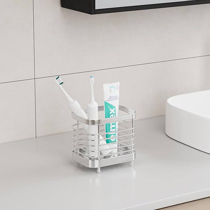 Countertop Toothbrush Holder for Bathroom, Stainless Steel Electric Tooth Brush Stand Storage Organizer with Drainage, Kids Toothpaste Holder Caddy, Silver Bathroom Sink Accessories Decor