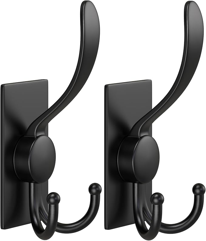 PMMASTO Adhesive Towel Hooks Heavy Duty Wall Hooks Stainless Steel Stick on Door Hooks for Hanging Coat, Hat,Towel Robe Hook - Bathroom/Kitchen (Black - 2 Pack)