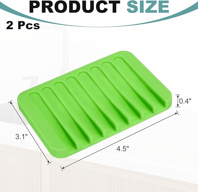 uxcell 2 Pcs Self Draining Silicone Soap Dish, Soap Tray with Drainage for Bathroom Shower Kitchen Sink, 4.5" x 3.1" x 0.4", Green