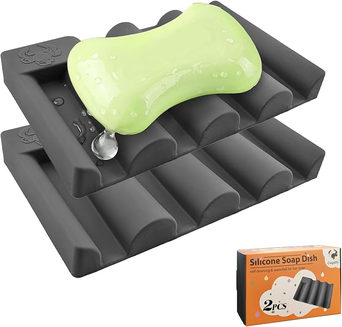 Silicone Soap Dish,Self Draining Soap Holder Perfect for Shower,Bathroom Sink,Kitchen Sink & Travel,Non-Slip Bar Soap Holder Extend Soap Life,Keep Soap Bars Dry Clean (Grey-2Pcs)