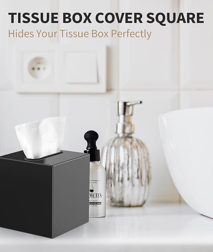 Livelab Metal Tissue Box Cover, Square Tissue Box Holder Modern Decor Facial Napkin Holder Tissue Box Dispenser for Bathroom Vanity Countertop, Living Room, Bedroom, Office | Black