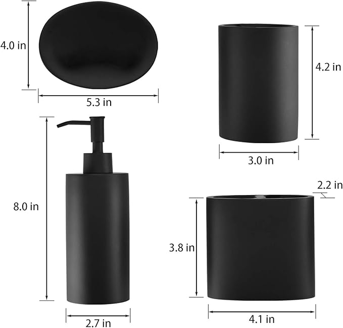 Matte Black 5 Piece Bathroom Accessories Set - Resin Countertop Kit with Soap Dispenser, Toothbrush Holder, 2 Tumbler Cups, Soap Dish