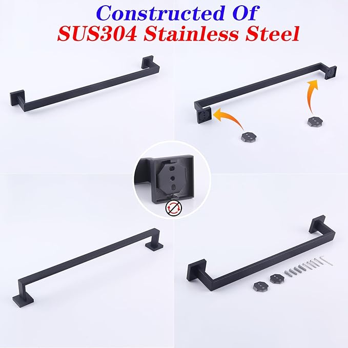 GERZWY SUS 304 Stainless Steel 20-Inch Bath Towel Bar Modern Style Bathroom Towel Bar Wall Mount Matte Black FG160150-BK