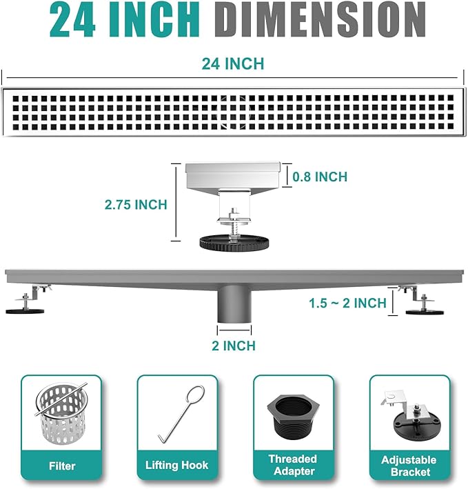24 Inch Linear Drain Shower Rectangular Floor Drain with Removable Square Hole Cover and Hair Catcher, Long Shower Drains 304 Stainless Steel CUPC Certified (Brushed Nickel)