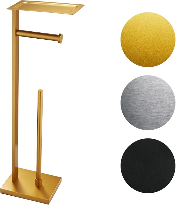 Miyili Bathroom Lavatory Toilet Paper Holder with Shelf Stainless Steel Freestanding Toilet Tissue Roll Holder Square Style Gold, F04G2