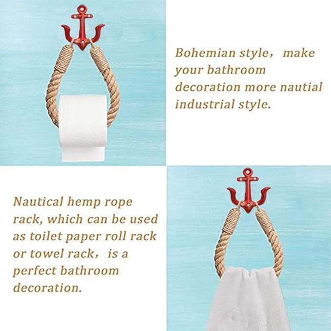 Nautical Toilet Paper Holder Rustic-Industrial Wall-Mounted Nautical Toilet Paper Towel Ring with Metal Hook for Bathroom Decor(Red)